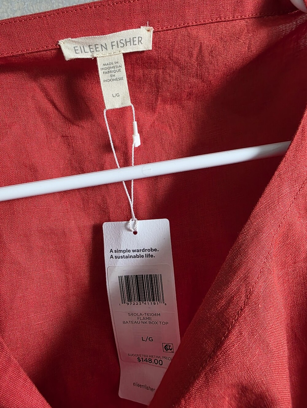 Eileen Fisher L Organic Linen Round Neck Box Top NWT Flame Burnt Orange Bateau - Picture 4 of 6